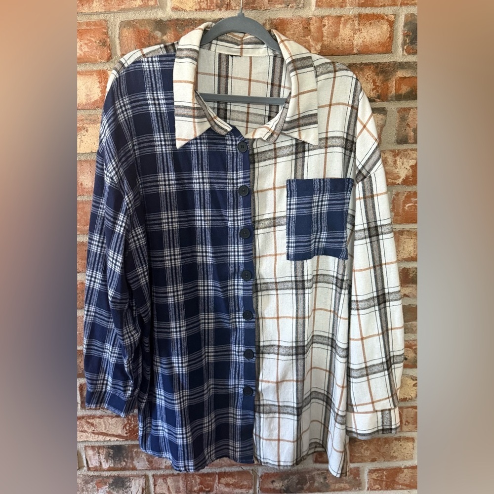 Mixed Plaid Button-Up Shirt in Blue and White